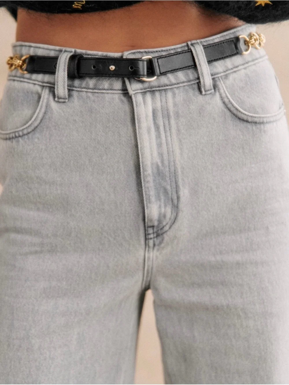 Sezane Capucine Belt - Black Leather and gold chain